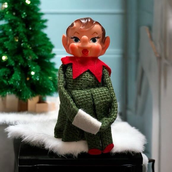 Herman Pecker Christmas Elf Knee Hugger Green Jumpsuit Straw Filled Shelf Sitter - Picture 1 of 9